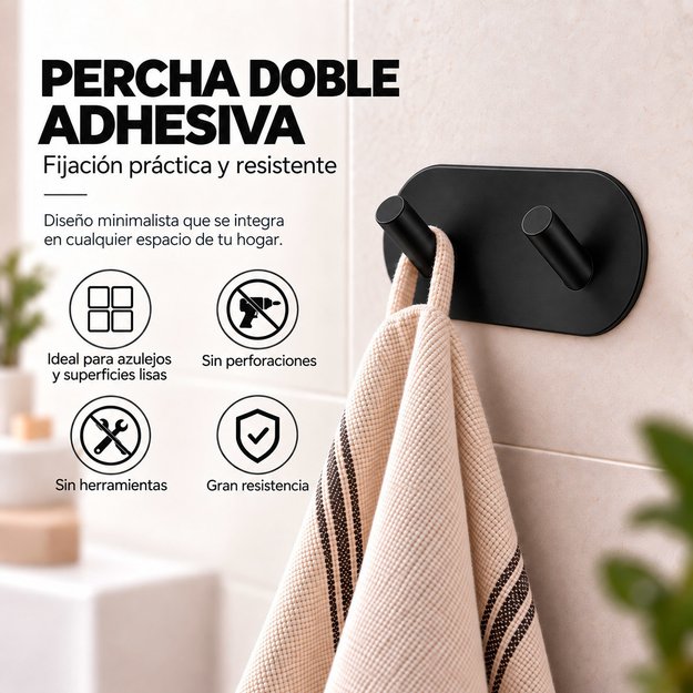 Imagen de PERCHA Adhesiva 2 Ganchos Acero Negro 9.6x4.8x3cm Prof