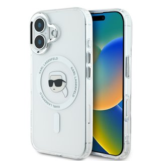Imagen de FUNDA KARL LAGERFELD IPHONE 16 MAGSAFE IML CASE METAL CAMERA FRAME AND BUTTONS KARL HEAD PRINTED LOGO WHITE 8048