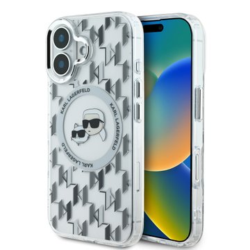 Imagen de FUNDA KARL LAGERFELD IPHONE 16 MAGSAFE KARL AND CHOUPETTE HEADS ON KL PATTERN CLEAR 8482