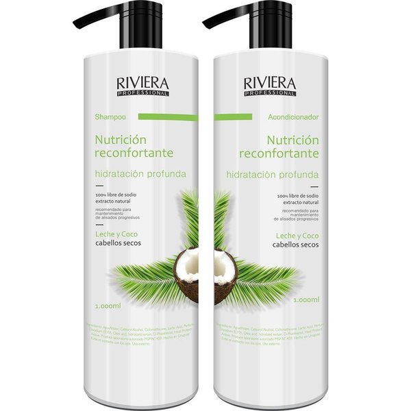 Imagen de Pack Shampoo Sin Sal Riviera Leche Y Coco Para Cabellos Secos 1L + Acondicionador Sin Sal 1L