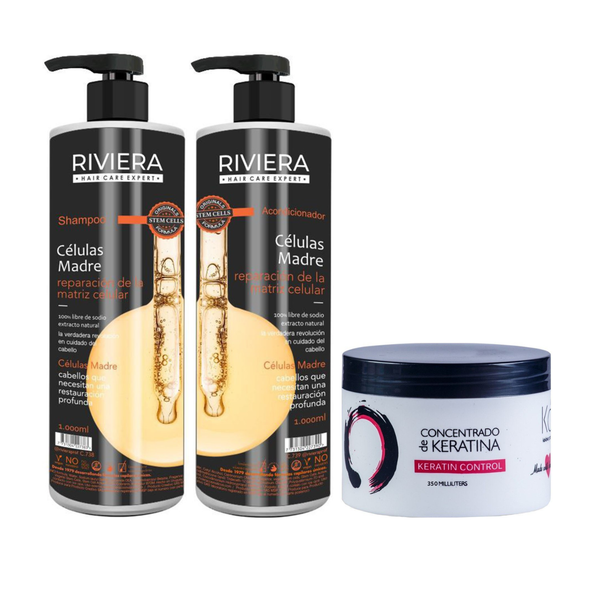 Imagen de Shampoo Sin Sal Riviera Células Madre 1L + Acondicionador Sin Sal 1L + Keratina Riviera Ka 350gr