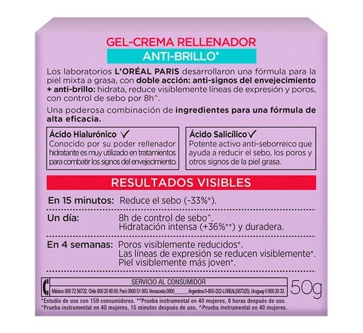 Imagen de L´Oréal Paris Gel Crema Revitalift Ácido Hialurónico Antibrillo 50 ml