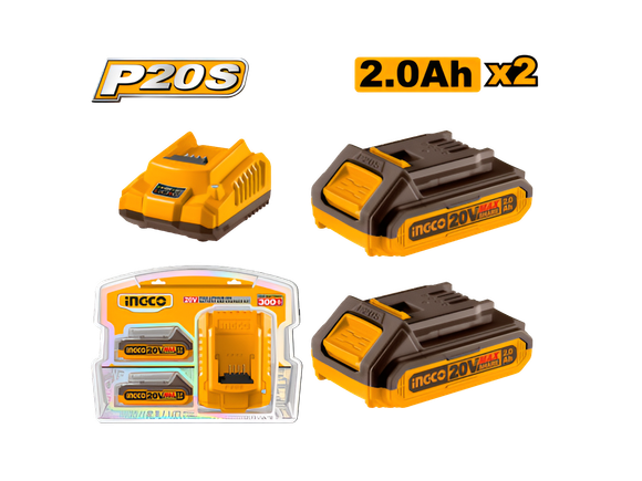 Imagen de Set X2 Bateria 20V 2Amp + 1 Cargador Ingco - Ynter Industrial