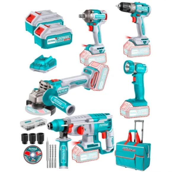 Imagen de Combo total 20v Atornilladores + Rotomartillo + Amoladora + Foco, 2 Baterías 4.0Ah