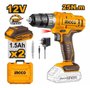 Imagen de Taladro C/ Percutor C/2Bat 1.5Ah Ingco 12V + Maletin- Ynter