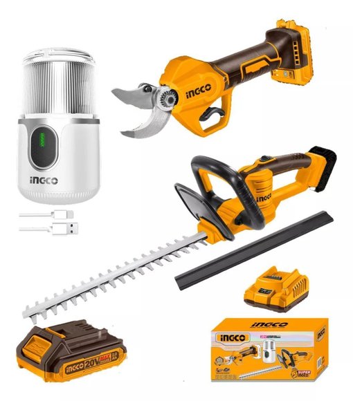 Imagen de KIT DE TIJERA DE PODA A BAT + CORTA CERCO A BAT + MOLINILLO DE CAFÉ INGCO - Ynter